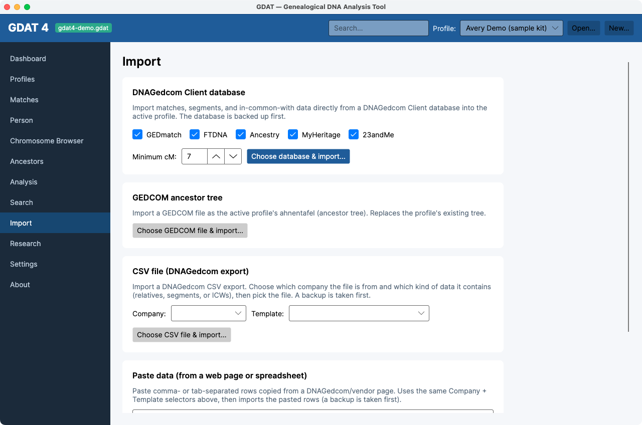 The Import workspace — the four import paths.